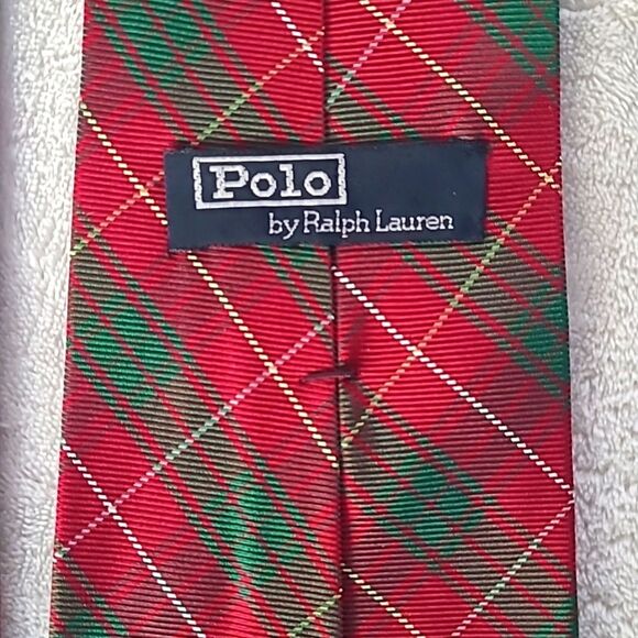 Polo Ralph Lauren Silk Mens Necktie Handsewn Festive Red Green Geometric Pattern - Picture 3 of 14